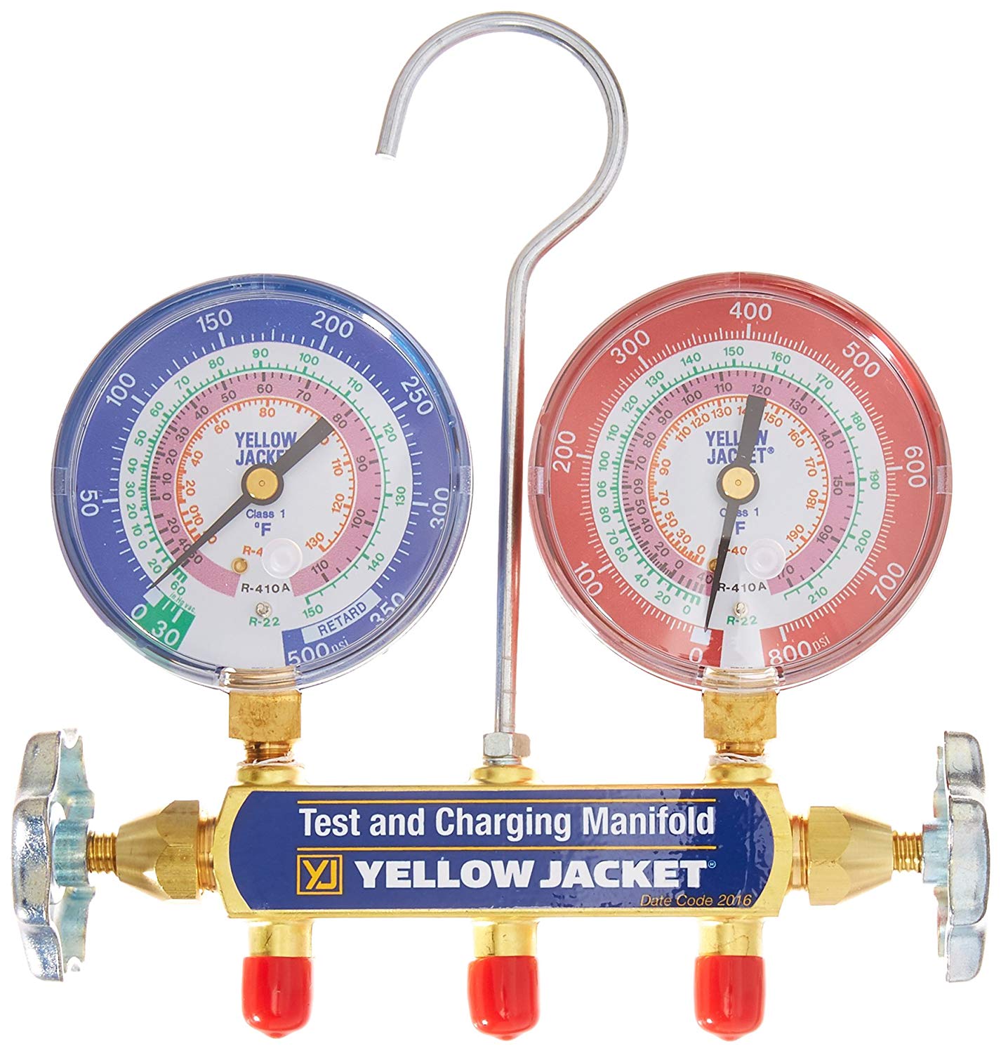 R-410A Yellow Jacket 41863 Manifold with 5/16-1/4-5/16 and 1/4 Service Fittings kPa/psi Red/Blue Gauge 